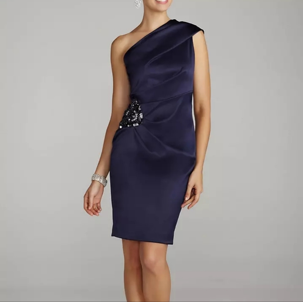 Eliza J Black One Shoulder Beaded Cocktail Dress Size 6 Satin Party Holiday - Picture 2 of 8